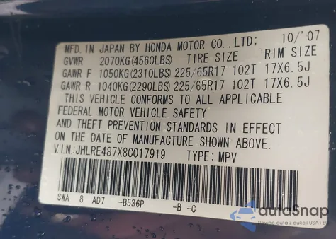 2008 Honda Cr-V Ex-L z USA, uszkodzony, nr VIN JHLRE487X8C017919